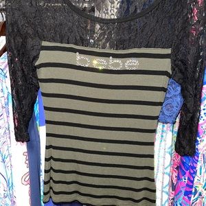 Bebe lace rhinestones/crystals top green and black